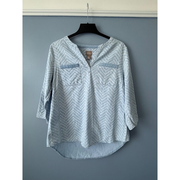 Chico's Tops - Chico's Blue Patterned Cotton Tunic Hi-Low 3/4 Sleeve Front Pockets Size 1 (M/8)